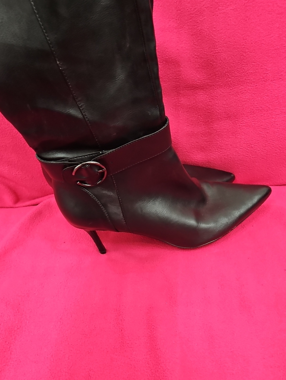 Nine West Black Pointed-Toe Stiletto Mid-Calf Boots with Buckle